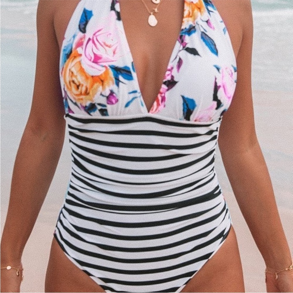 Cupshe Floral Halter One-Piece Swimsuit in White, Black, Pink, Blue, Orange
